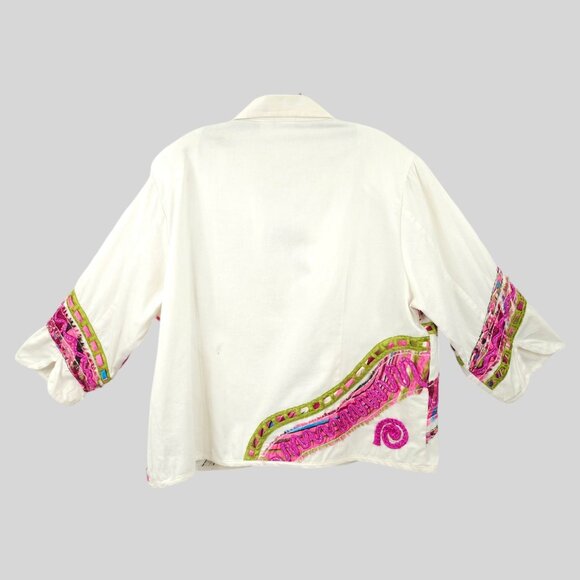 Bleu Bayou Open Front Jacket Size 1X Artsy Colorful 3/4 Sleeve Ribbon Applique - Picture 2 of 16